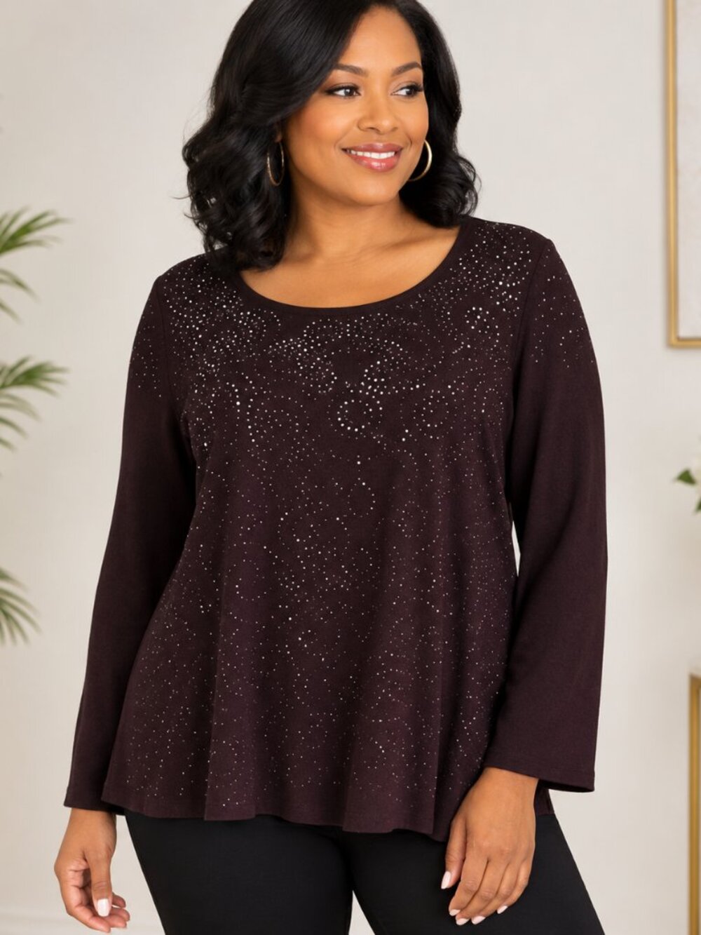 Chico’s XL Brown Embellished Blouse Long Sleeve Rhinestone Swirl Elegant Top